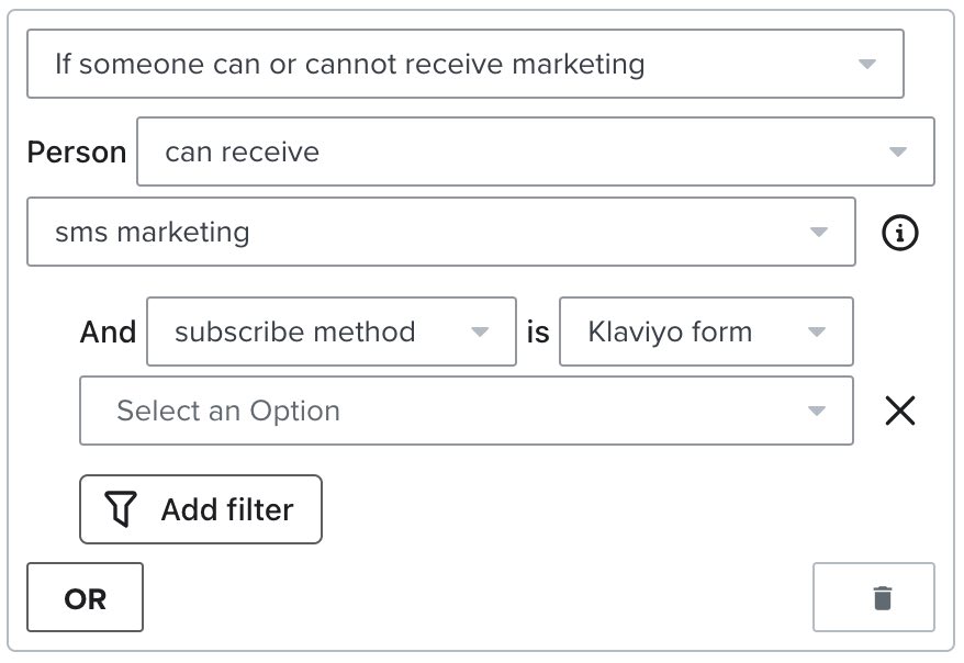 Filter for 'persn can receive SMS marketing' and subscribe method