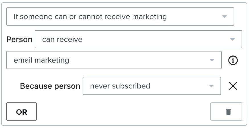 Filter for 'person can receive email marketing' and never subscribed