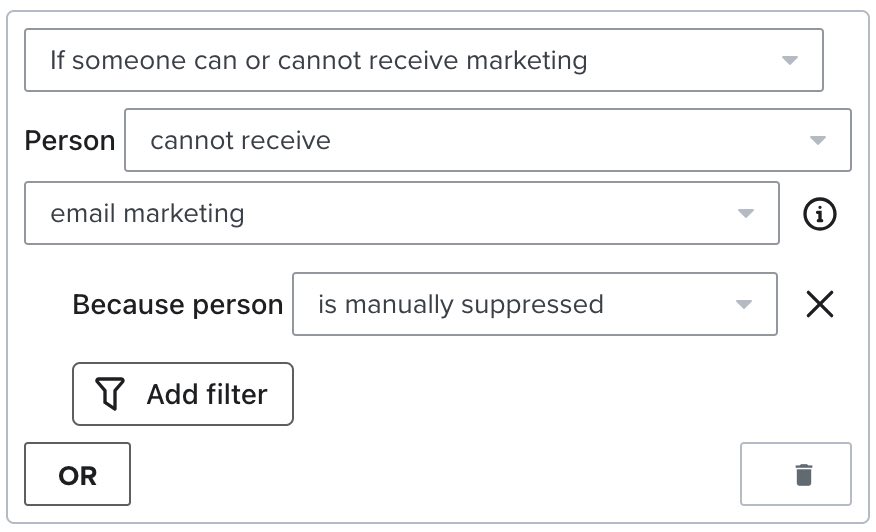 filtro para 'persona no puede recibir marketing por correo electrónico' porque la persona está suprimida manualmente