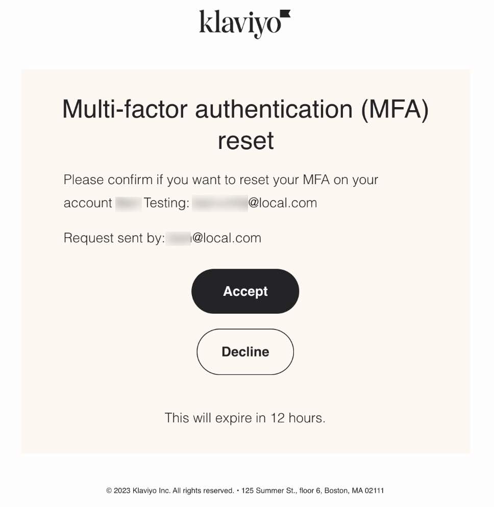 Example of an email to confirm the MFA reset