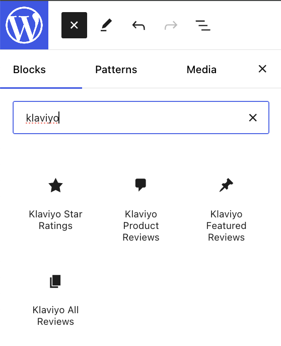 La section Klaviyo du menu des blocs de l'éditeur visuel de Wordpress