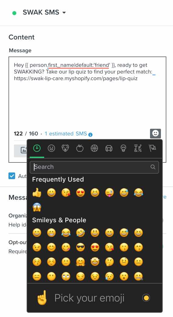 Al hacer clic en la cara sonriente del editor de SMS, aparecerá una lista con varias opciones de emoji.