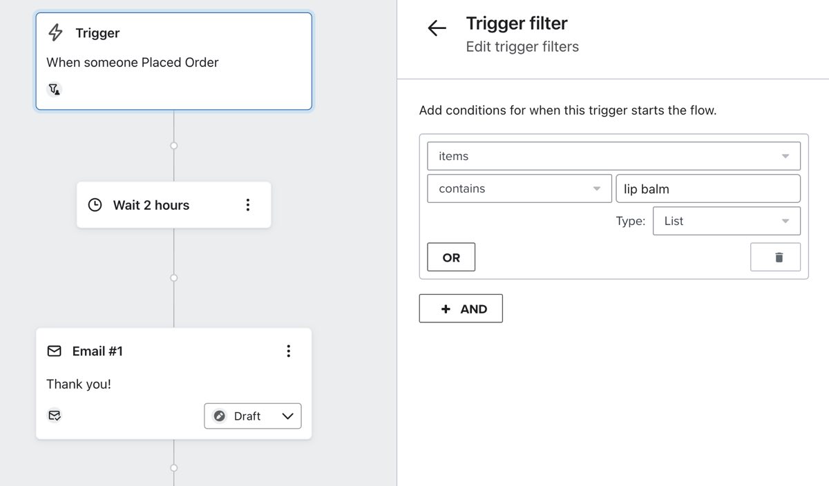 Menú de configuración del disparador con filtro de disparo 'Artículos que contienen bálsamo labial'