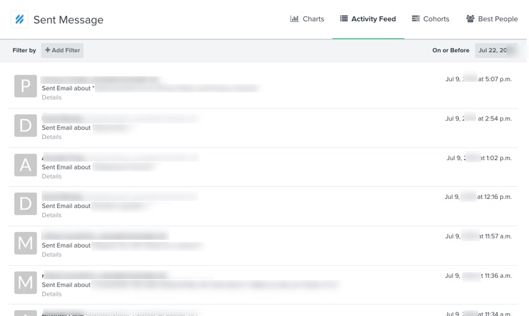 Klaviyo activity feed for Sent Message metric with list of timestamps and identifying information blurred