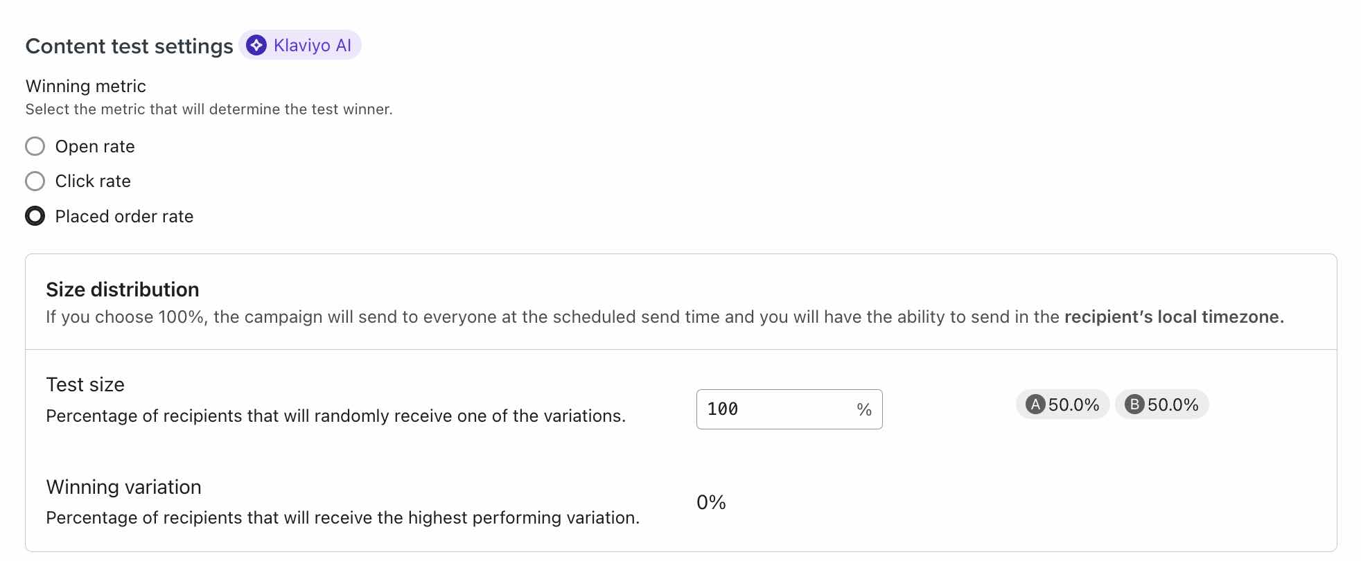 Configurações de teste