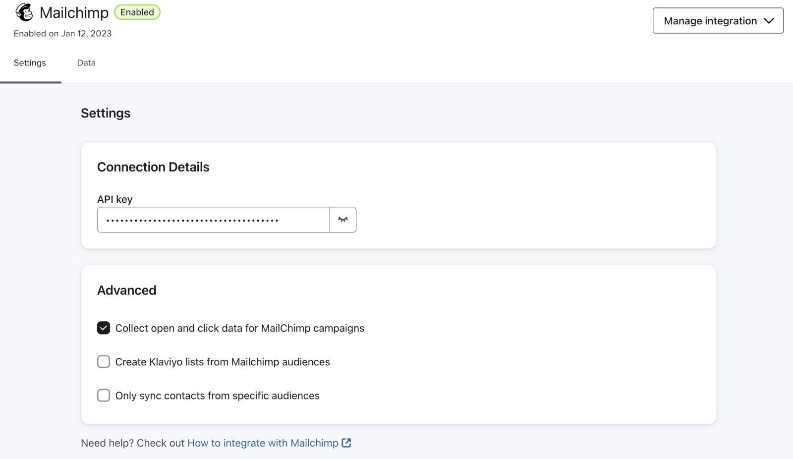 Klaviyo’s Mailchimp integration setup page with options for syncing audiences