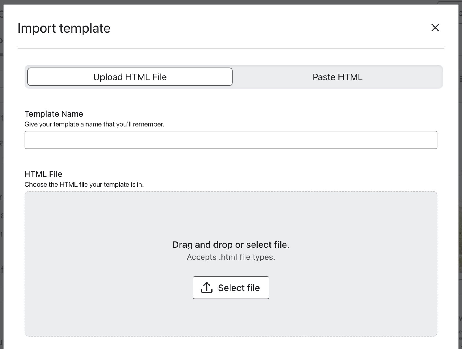 Create email templates page in Klaviyo Attach or drop your file here