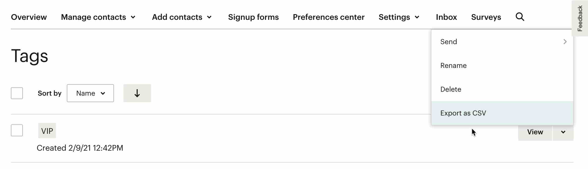 Nas configurações de Tags da Mailchimp, o menu View está selecionado, no lado direito da página, para a tag VIP, e o mouse está passando perto da opção Export as CSV.