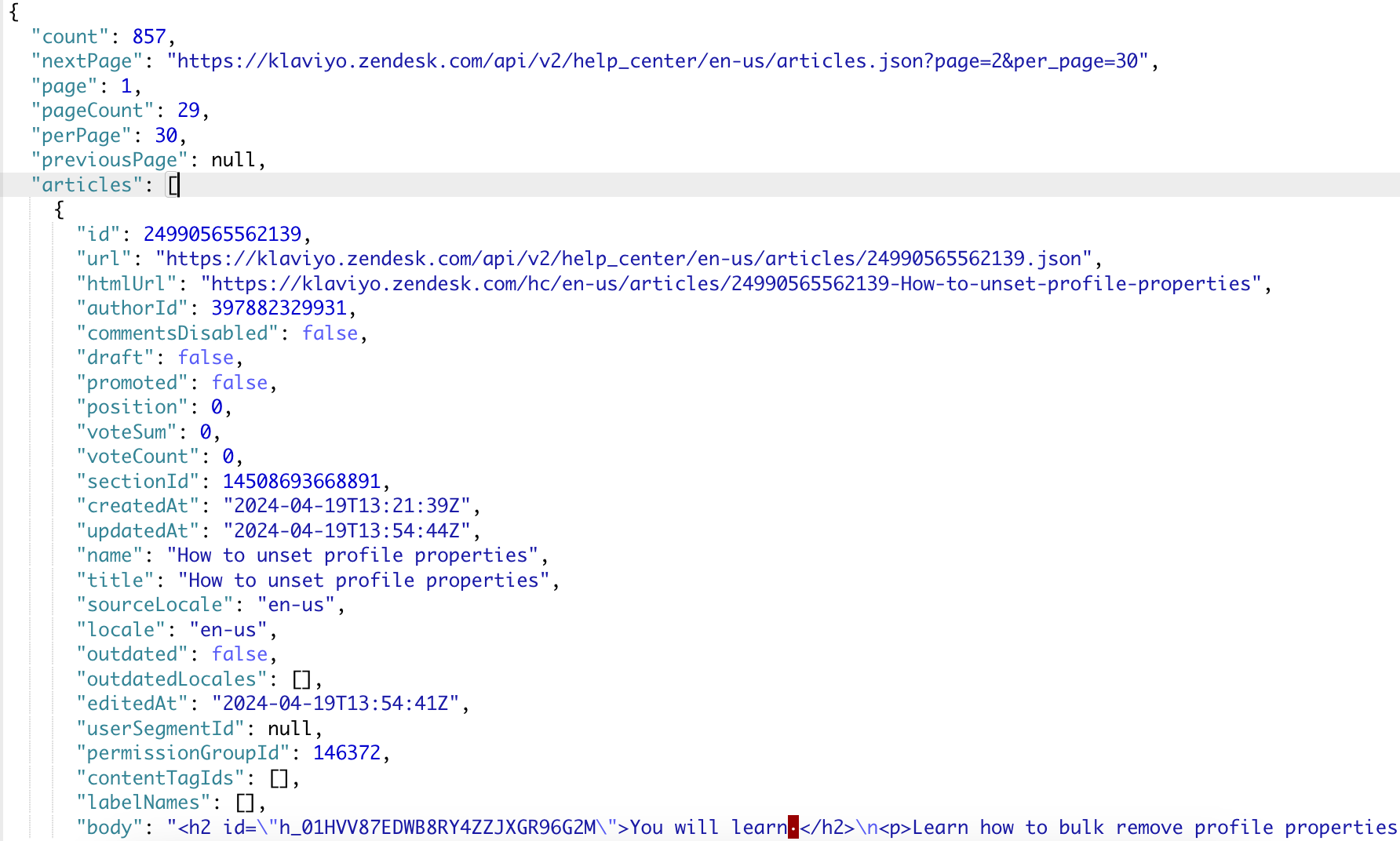 Data nested within the articles array