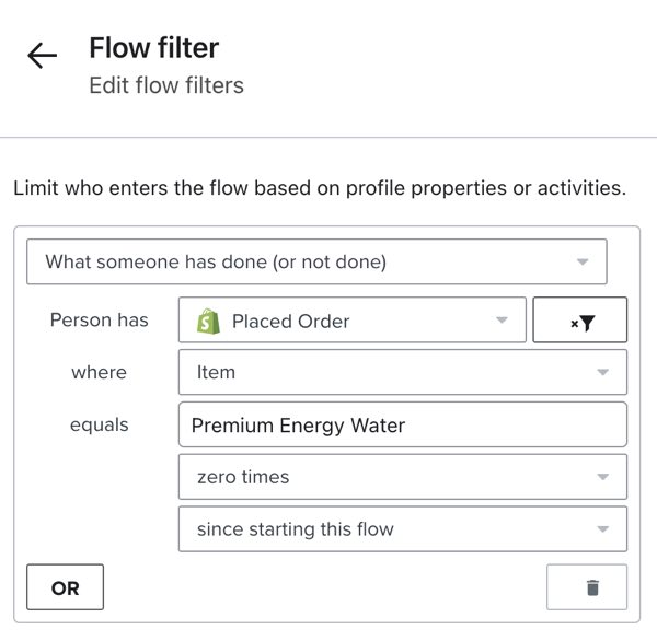 Divisão condicional que verifica se alguém não fez um pedido de Premium Energy Water desde o início do fluxo