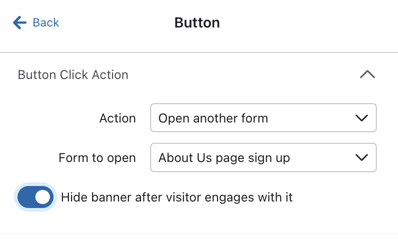 The button menu for a button on a banner form with the action set to Open another form and an example form selected for Form to open.