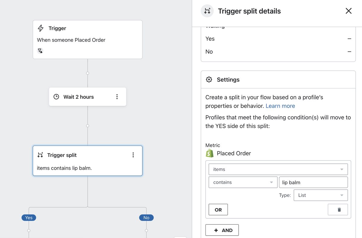 Trigger Split with configuration 'Items contains lip balm' before the first email