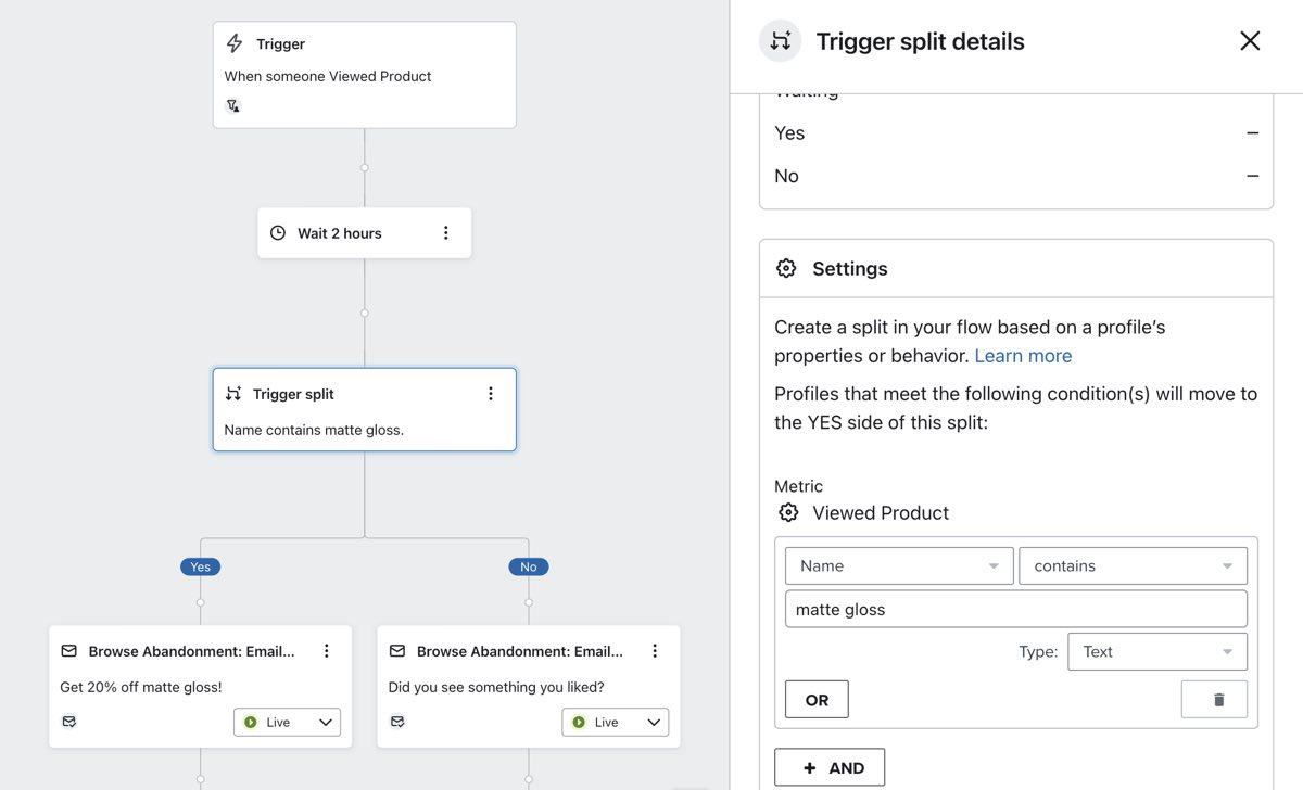 Trigger split with configuration 'Name contains matte gloss'