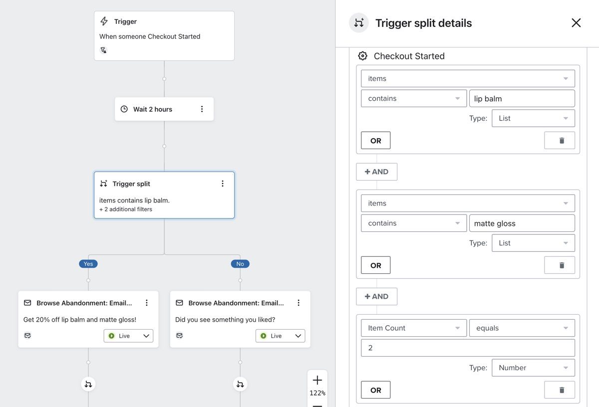 Trigger split with configuration 'Item Count equals 2 AND Items contains lip balm AND Items contains matte gloss'