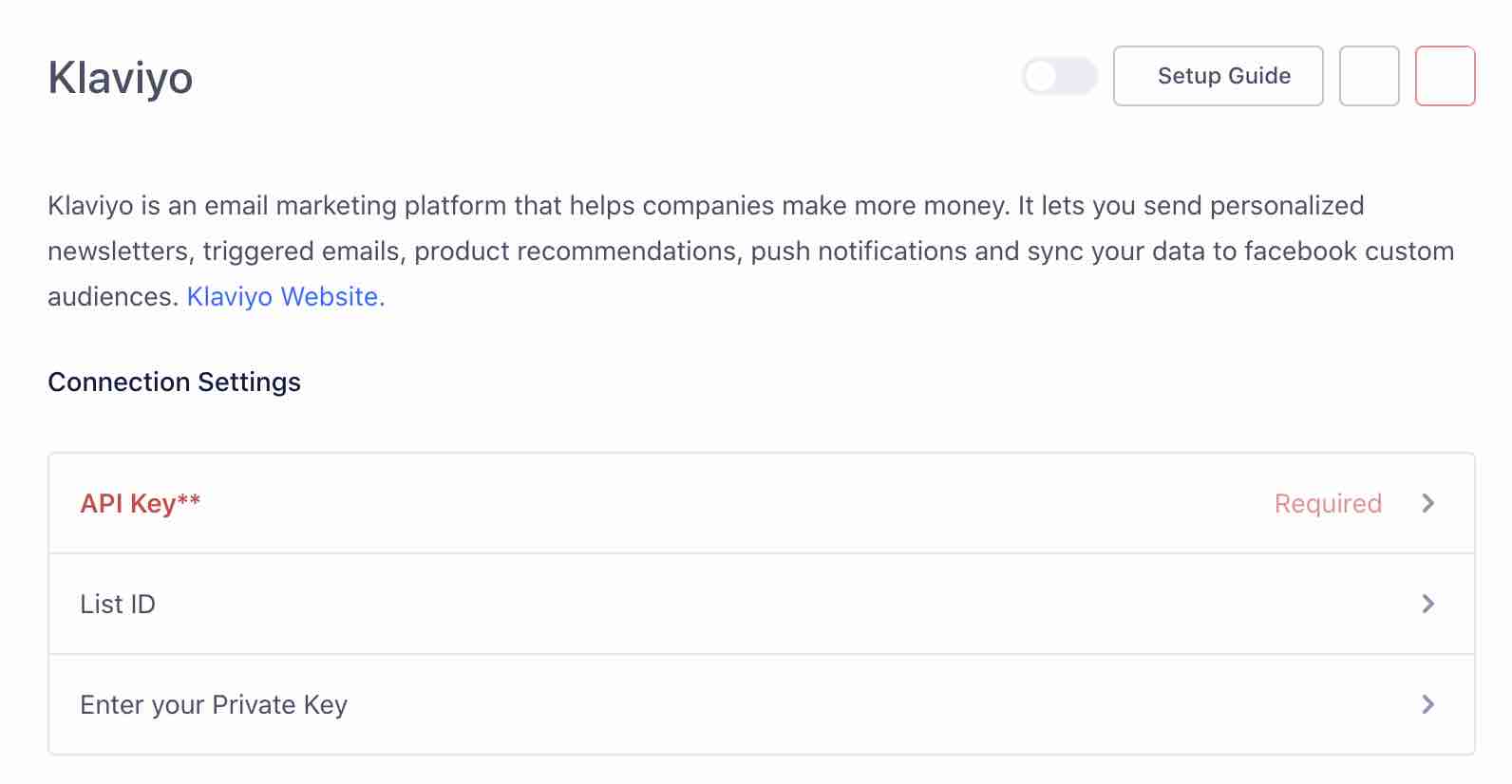 Página de configuración de Klaviyo en Segment con campos para clave API, ID de lista e Introduzca su clave API privada