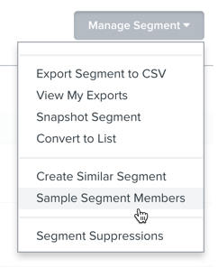 No menu Manage Segment (Gerenciar segmento), um cursor passa sobre Sample Segment Members (Membros do segmento de amostra)