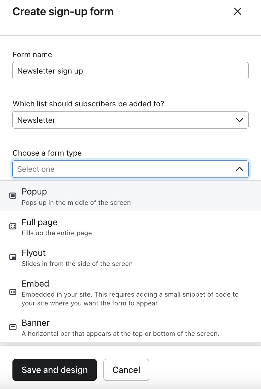 The form creation modal where you can name, select a submit list, and select a form type for a new sign-up form.