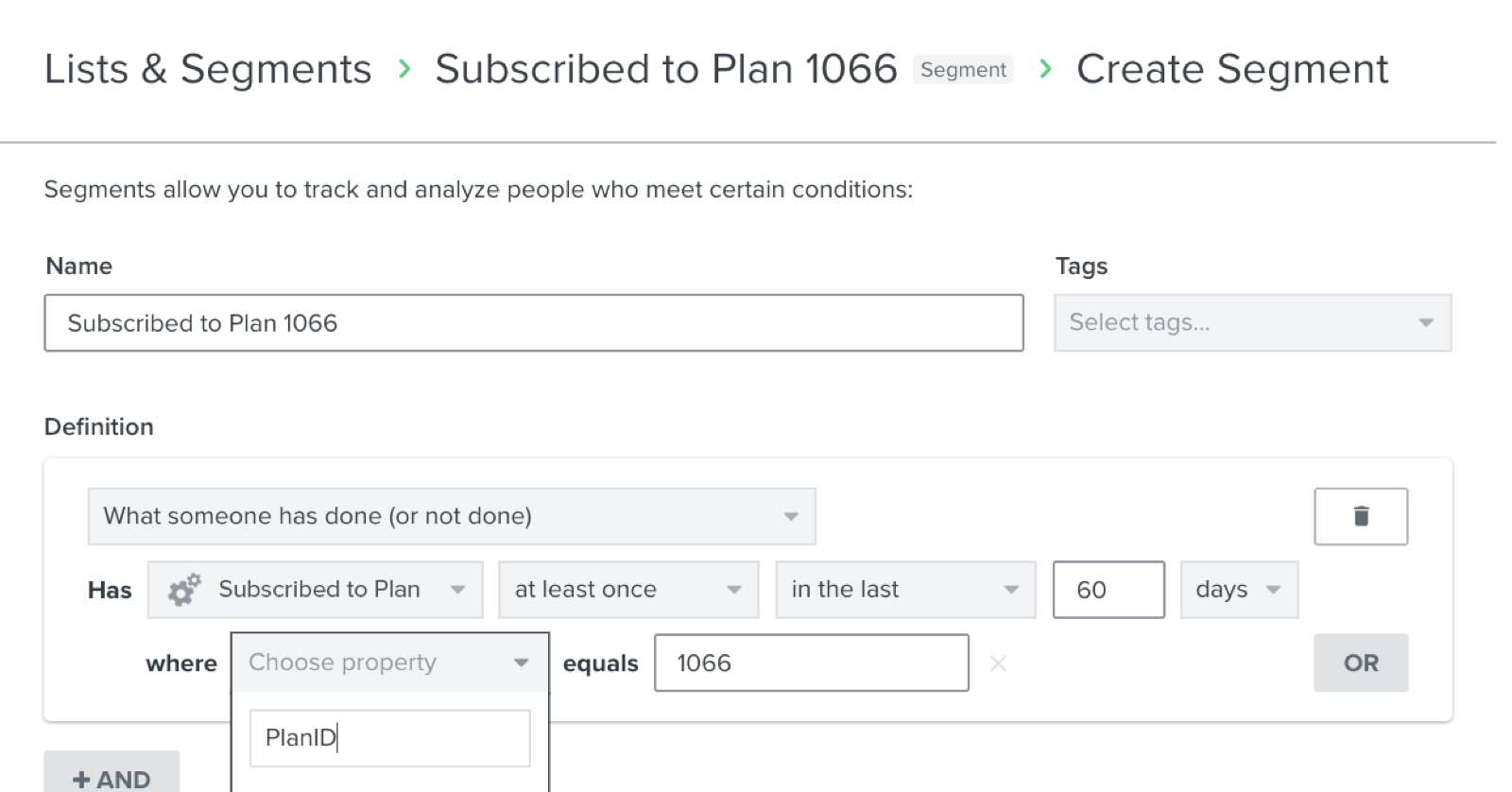 Un segmento que depende de los datos de suscripción de WooCommerce