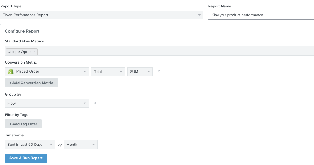 Example of a flows performance report with unique opens, placed order, grouped by flow, sent in the last 90 days by month