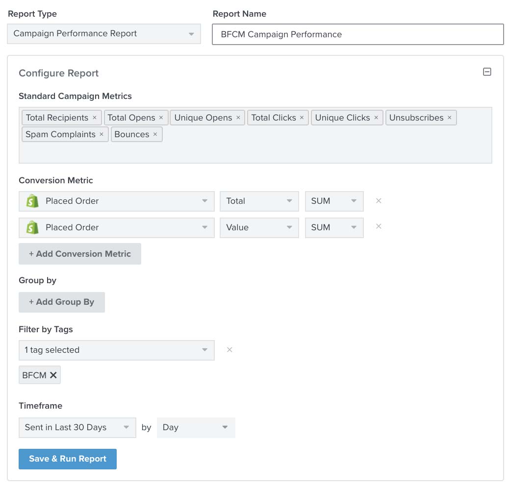 Example of a campaign performance report with standard campaign metrics, placed order totals and values, filted by BFCM tag in last 30 days