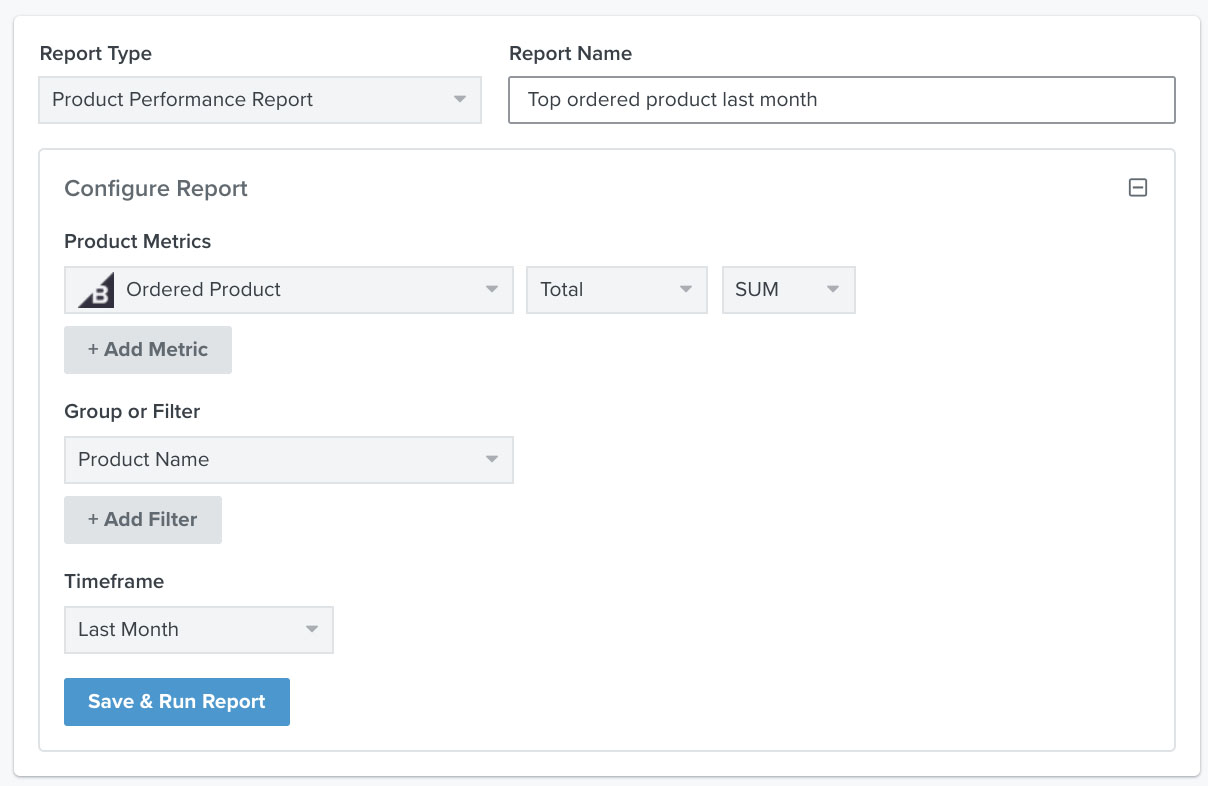 Example of a product performance report with ordered product in last 30 days