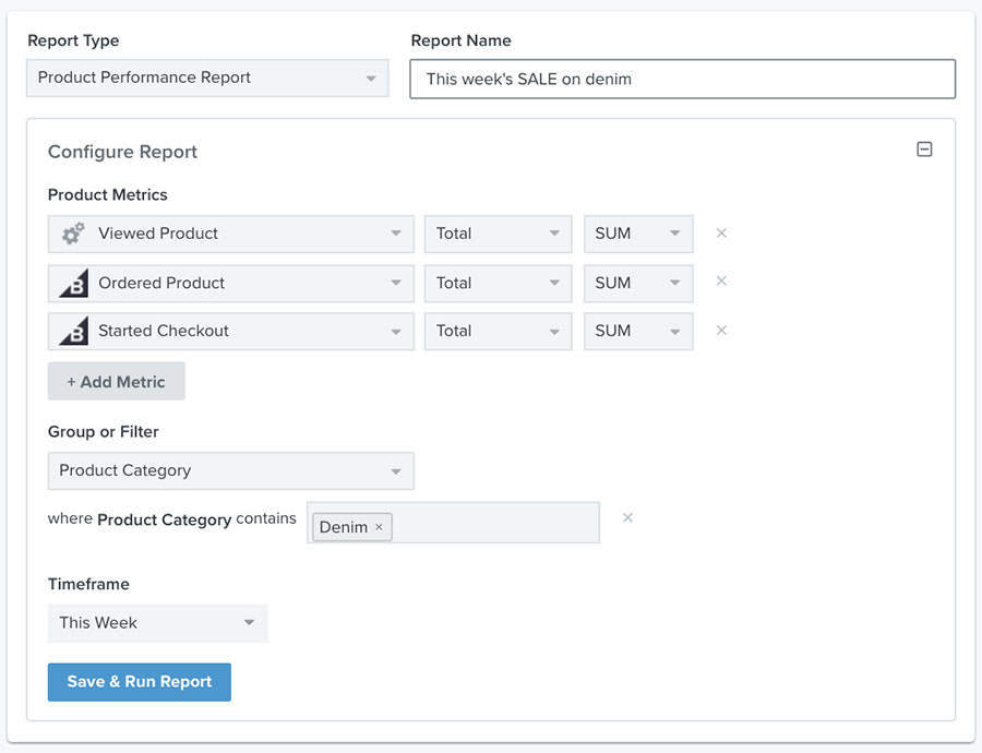 Example of a product performance report with ordered product, started checkout, viewed product, product category denim in last 7 days