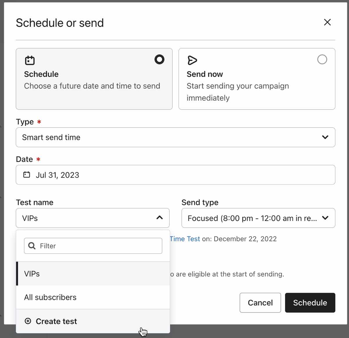 Sélection du test Smart Send Time