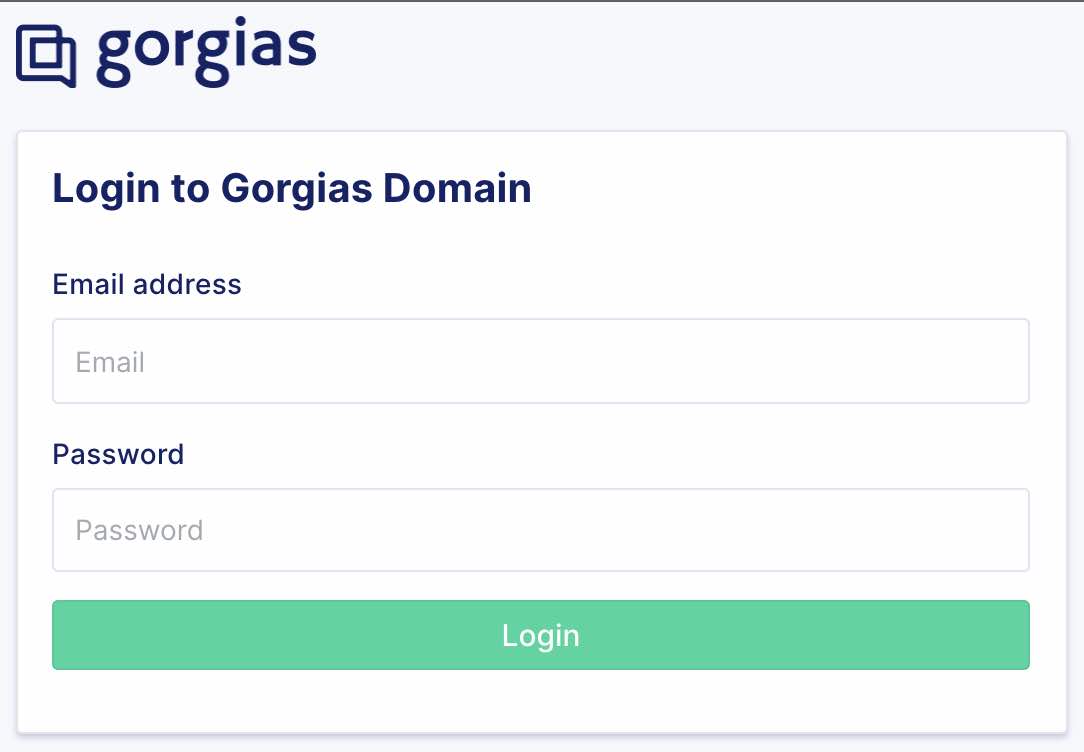 Tela para inserir o e-mail e a senha da conta do Gorgias, com um botão verde de login na parte inferior da tela