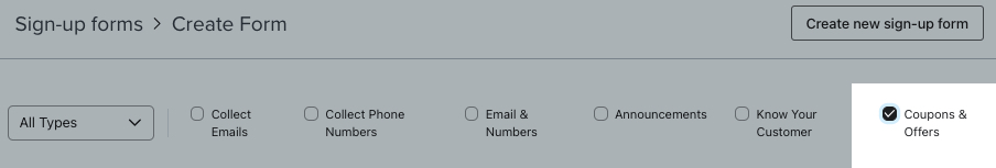 The form library with the box for Coupons & Offers checked off at the top of the page to narrow the search.