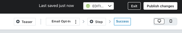 The Success step selected in the menu bar of the form editor for an example form.