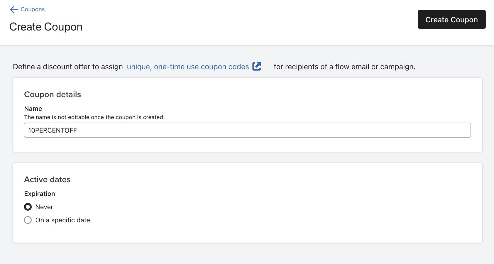 La pagina Crea Coupon dove può dare un nome e impostare una data di attività per il coupon caricato.