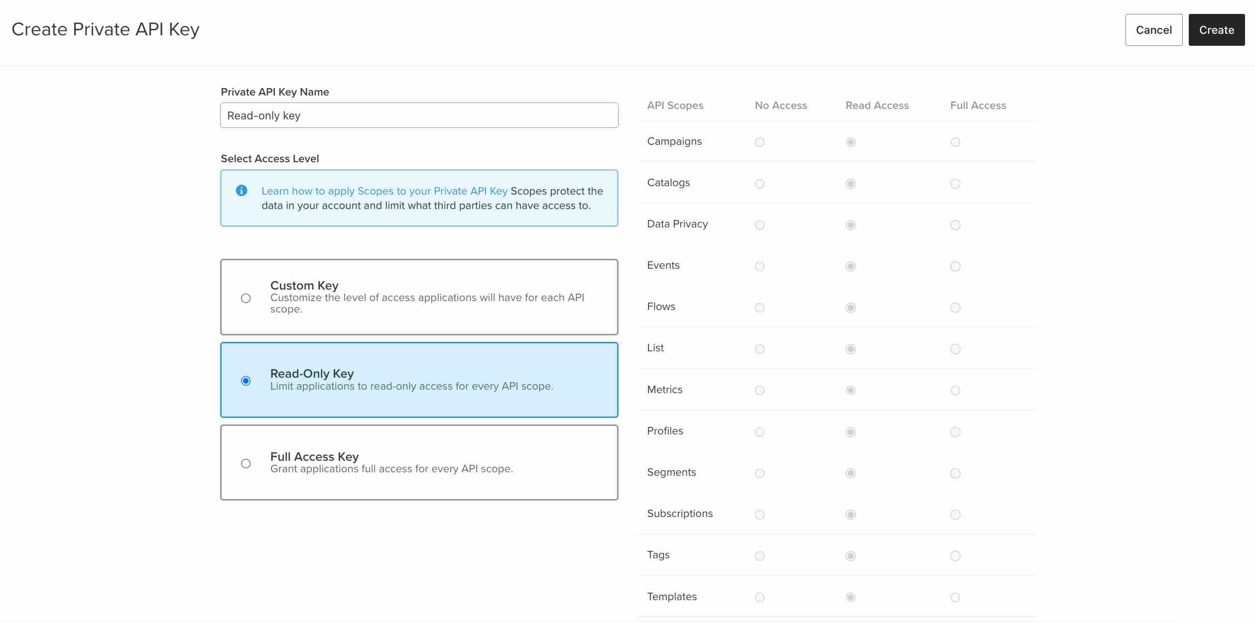 Page to create a private API key with a scope