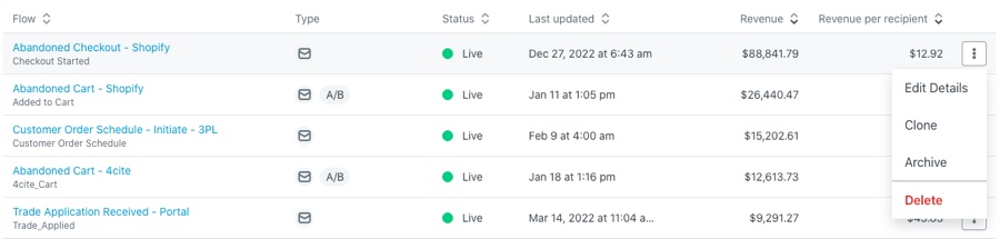 Action button represented as three dots found on the right side of a flow in the flow list view.