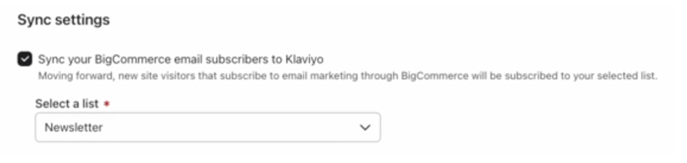 Paramètres de synchronisation des e-mails BigCommerce dans Klaviyo