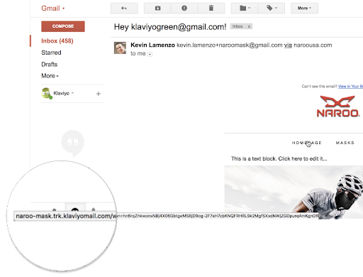 Click tracking link shown on hover in email