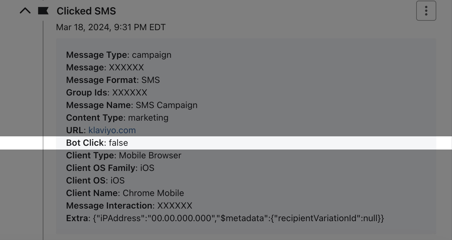 Datos del evento de clic del bot en el evento SMS clicado