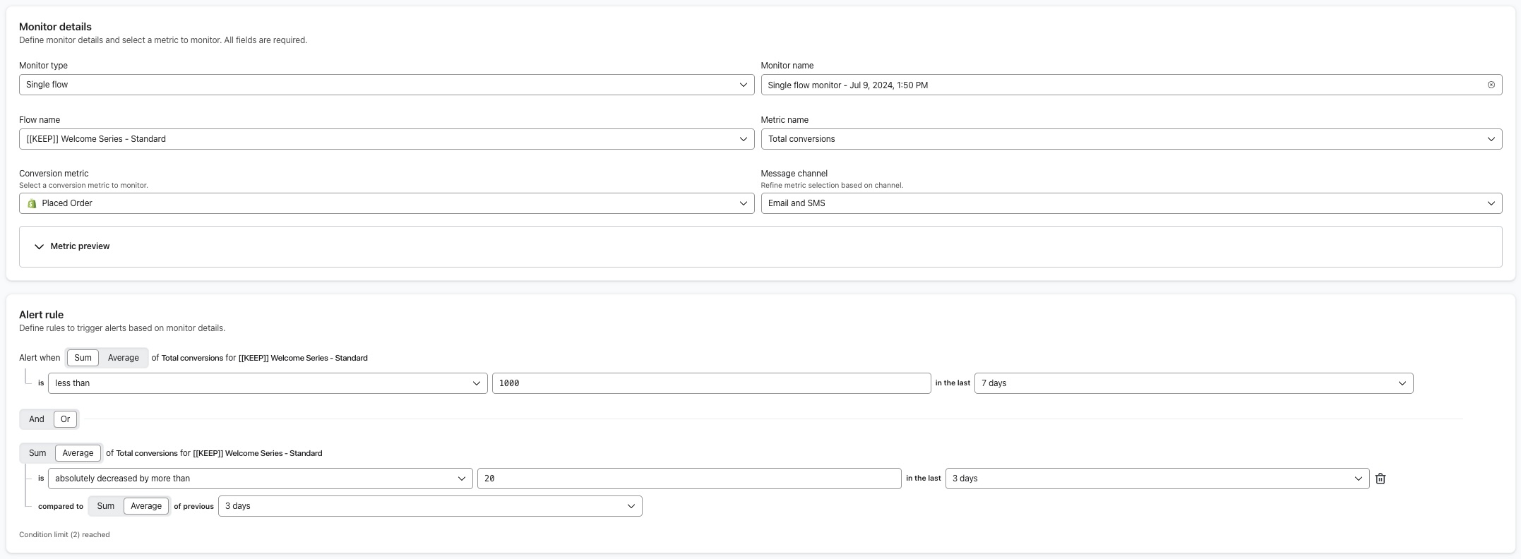 Exemple de règle d'alerte pour la surveillance des conversions de flux