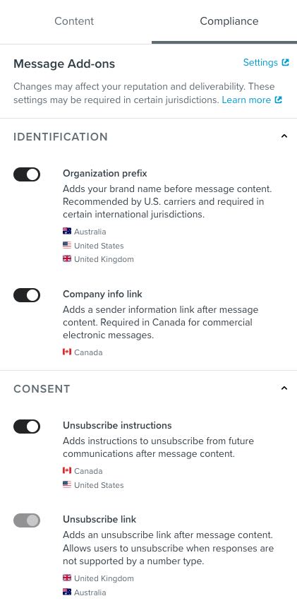 Lista de las distintas opciones de cumplimiento, incluidos los iconos para indicar qué países se aplican a cada opción