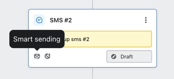 Ação de SMS no construtor de fluxo com o cursor pairando sobre o ícone de Envio Inteligente