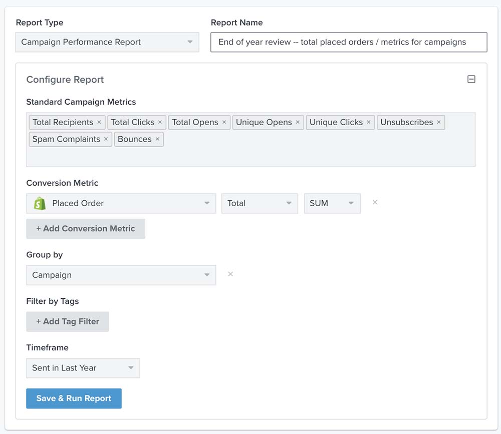 Example of a campaign performance report with standard campaign metrics, placed order, campaign, and filted by last year