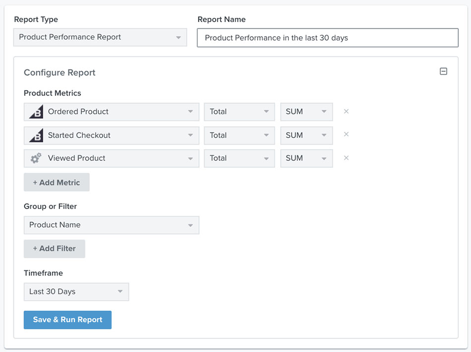 Example of a product performance report with ordered product, started checkout, viewed product, grouped by product name in last 30 days