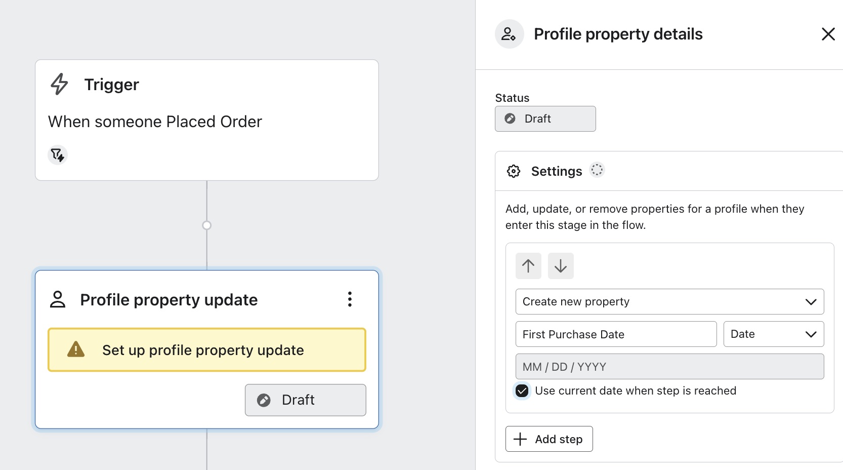 Update profile property action set to create a First Purchase Date property.
