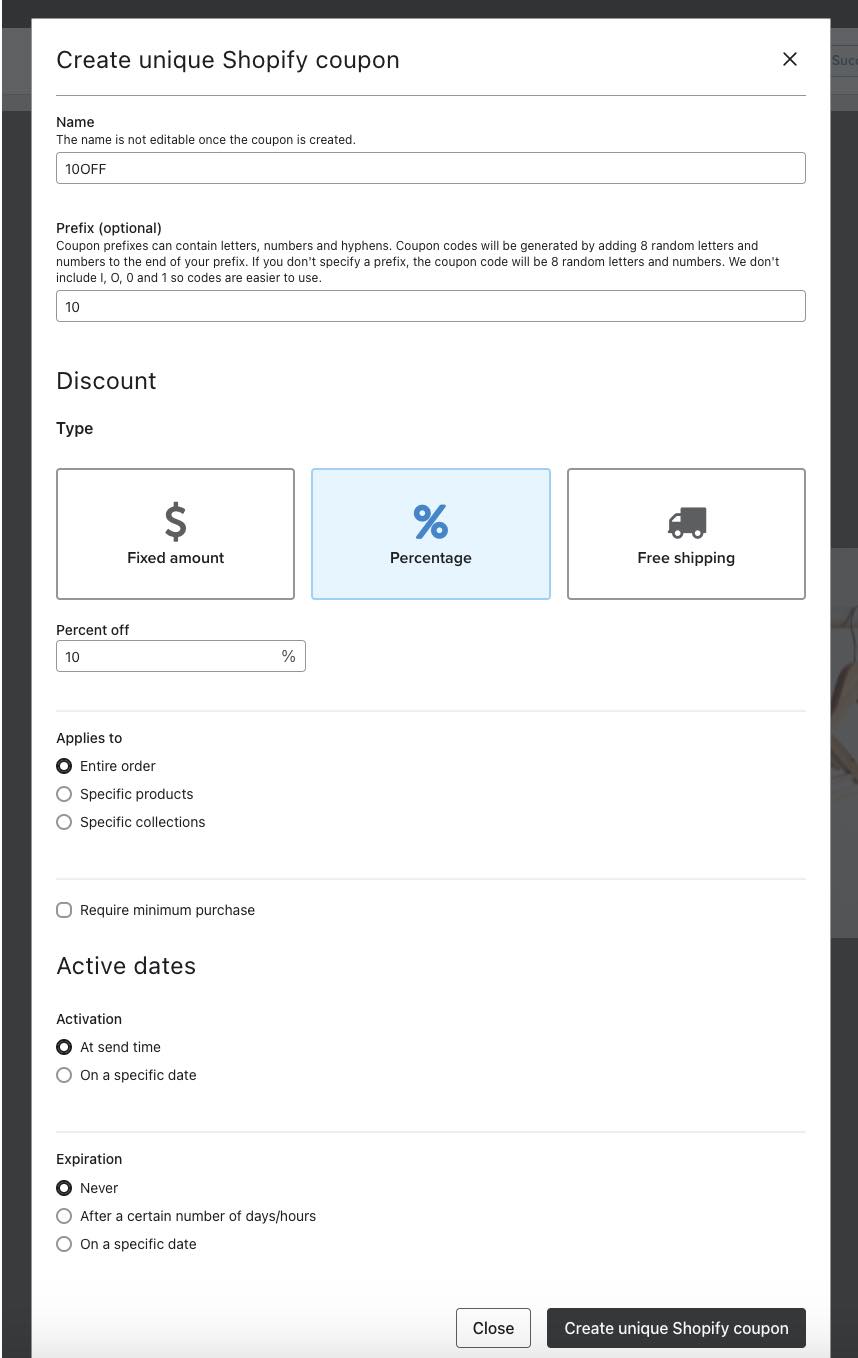 The Create Unique Shopify Coupon modal where you can decide on settings such as name, type, and active dates.