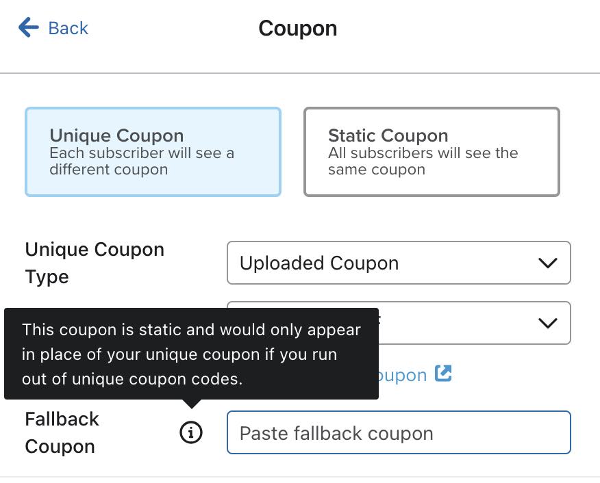 The fallback coupon message that appears after you configure a coupon for your sign-up form.