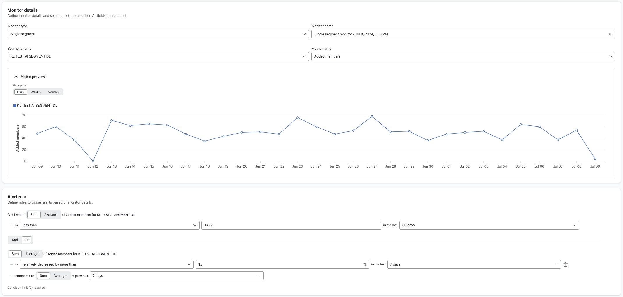 Example alert rule for monitoring segment growth