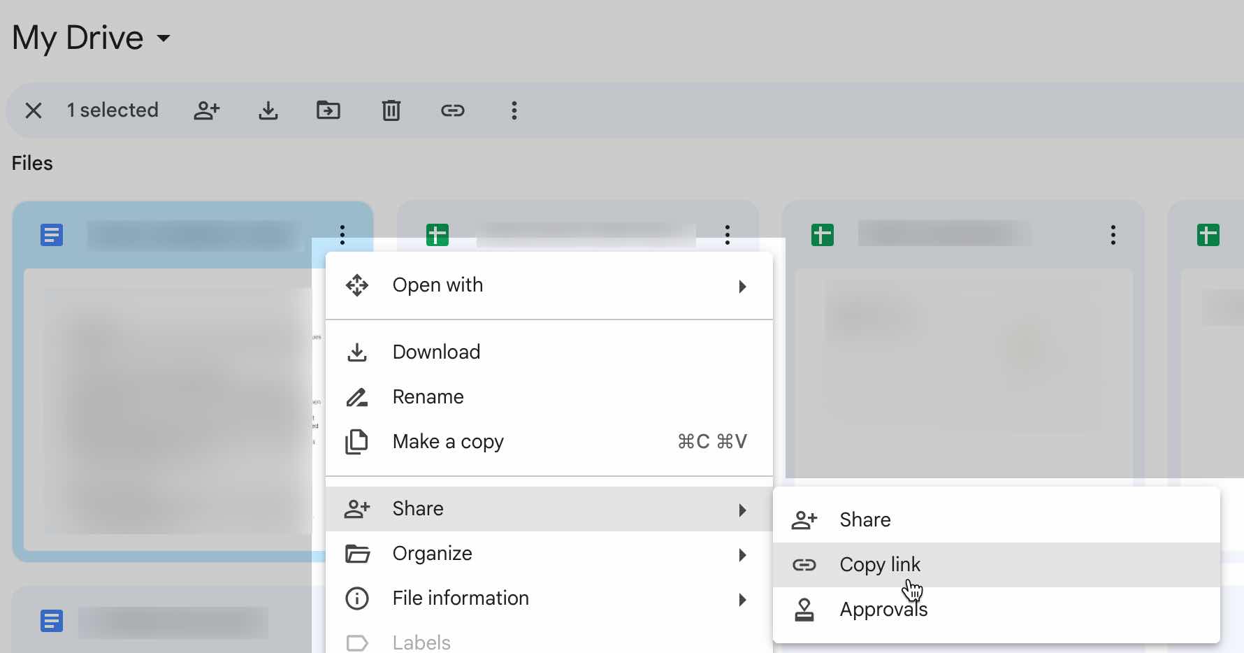 Un fichier Google Drive avec le menu ouvert pour copier le lien public