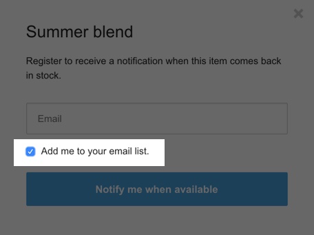 Back in stock popup modal with checked checkbox Add me to your email list highlighted in white