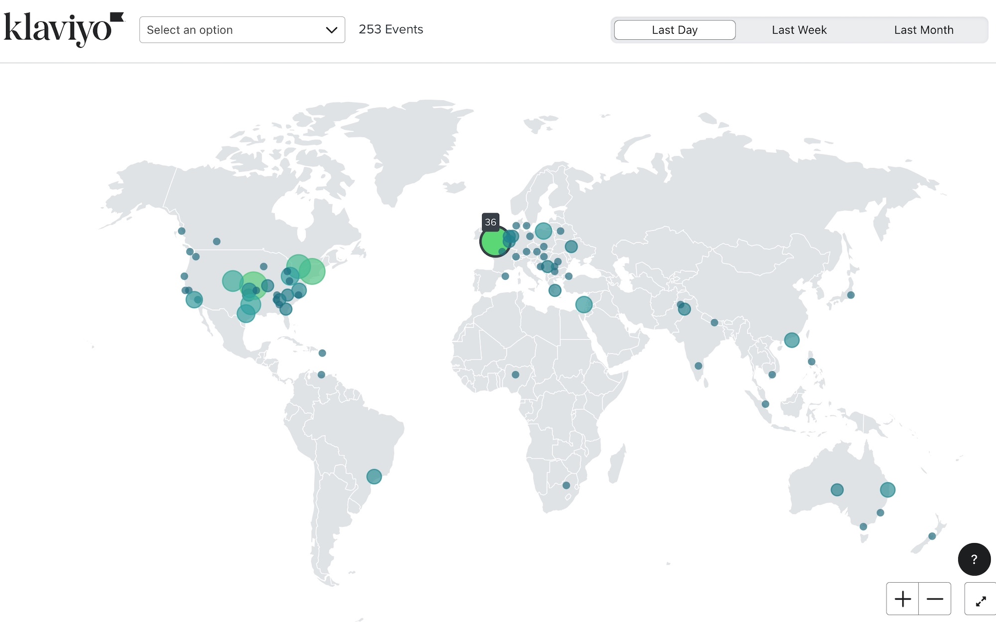 The Activity Map page showing a map of the world with circles showing opens per area and hovered over 36 opens in Europe.