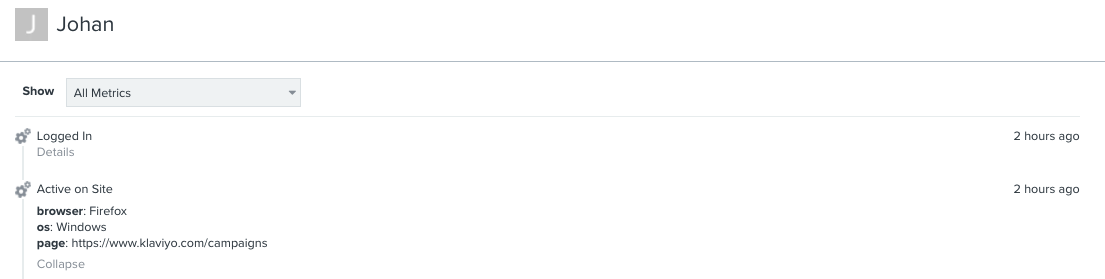 Un exemple de profil d’abonné nommé Johan avec les événements Logged In et Active on Site sur la chronologie.
