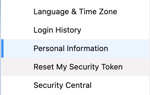 Menu including items Personal Information and Reset My Security Token higlighted in gray